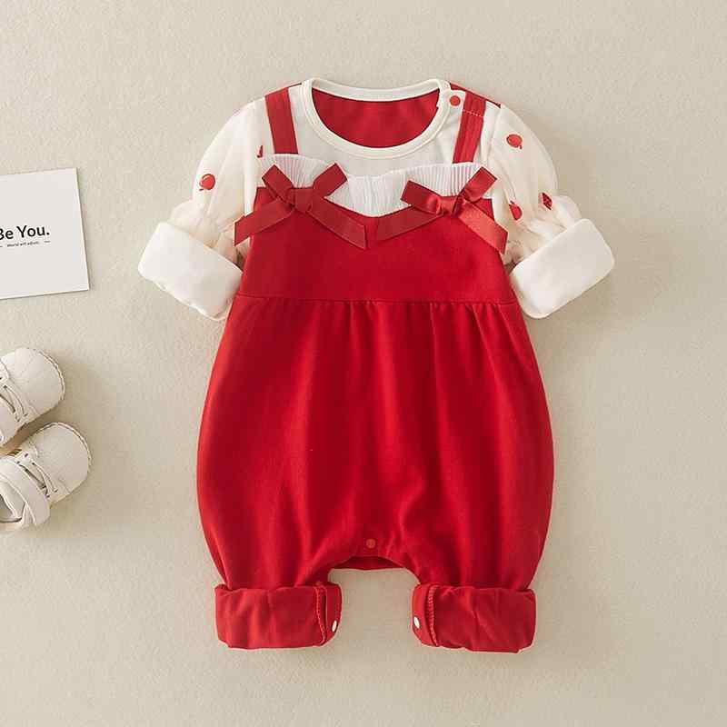 ロンパース 女の子 ベビー 新生児 春秋 A類コットン 長袖 単層 無骨縫製 プルオーバー かわいい お出かけ着 赤色 カバーオール