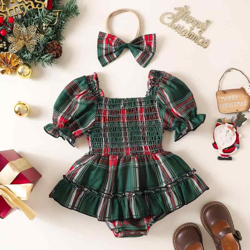 ロンパース ベビー 女の子 半袖 パフスリーブ チェック柄 スカート付き 薄手 春夏 ポリエステル フレンチガーリー 新生児 乳幼児 60cm 70cm 80cm 90cm対応