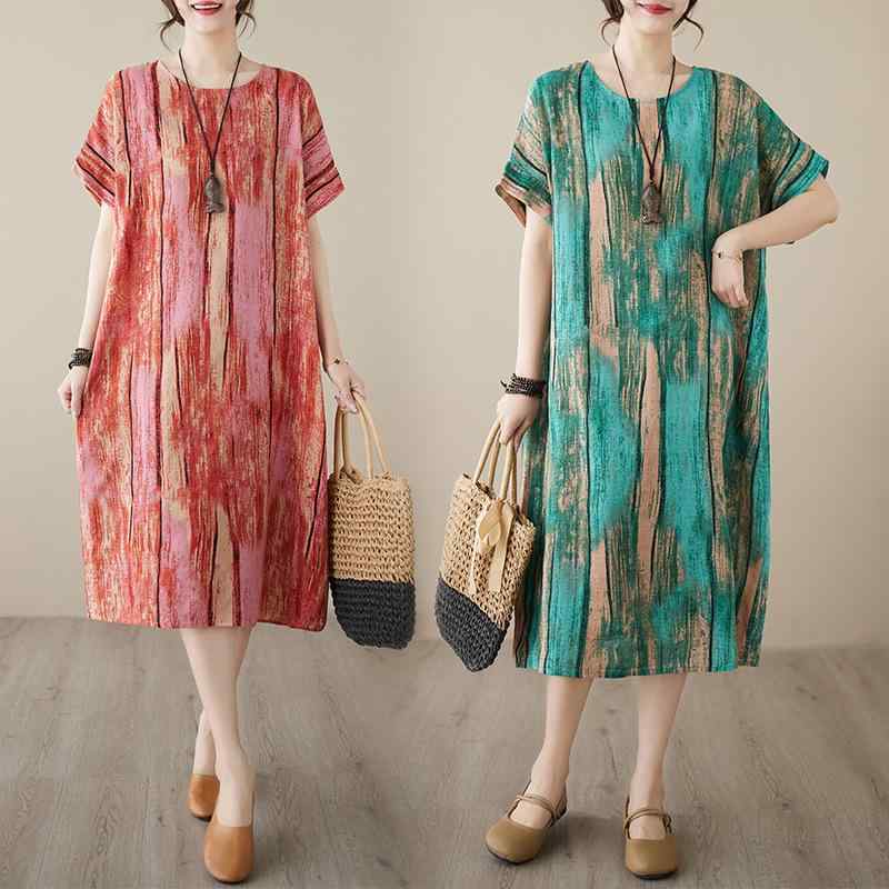 ワンピース レディース ミセス 春夏 大きいサイズ ゆったり 体型カバー 綿麻 小花柄 エスニック レトロ 半袖 丸首 プルオーバー Aライン ミモレ丈 カジュアル(x2)