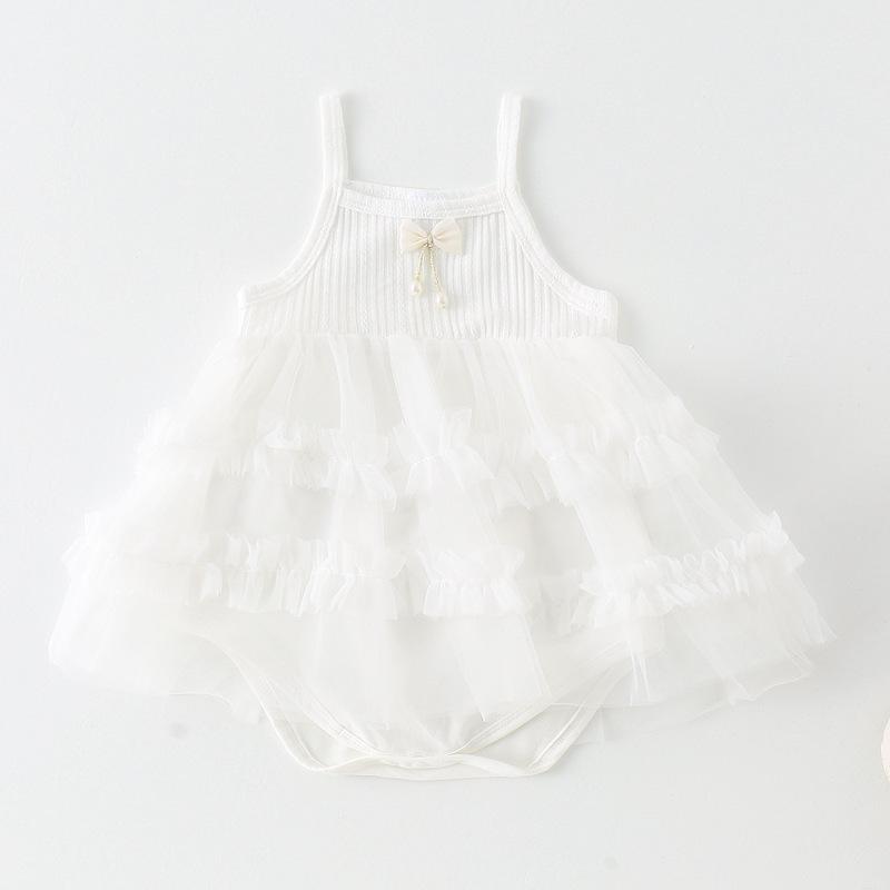 ロンパース ベビー 女の子 夏 薄手 綿100% 通気性抜群 吸汗速乾 肌に優しい ノースリーブ キャミソール スカート付き フリル かわいい お出かけ 普段着 ホワイト 白