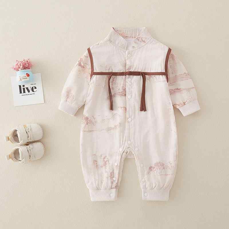 ロンパース ベビー 女の子 新生児 A類安全基準 綿 長袖 前開き ボタン留め レトロ チャイナ風 漢服 お出かけ着 部屋着 春秋 赤ちゃん ベージュ ピンク 60 70 80 90 サイズ
