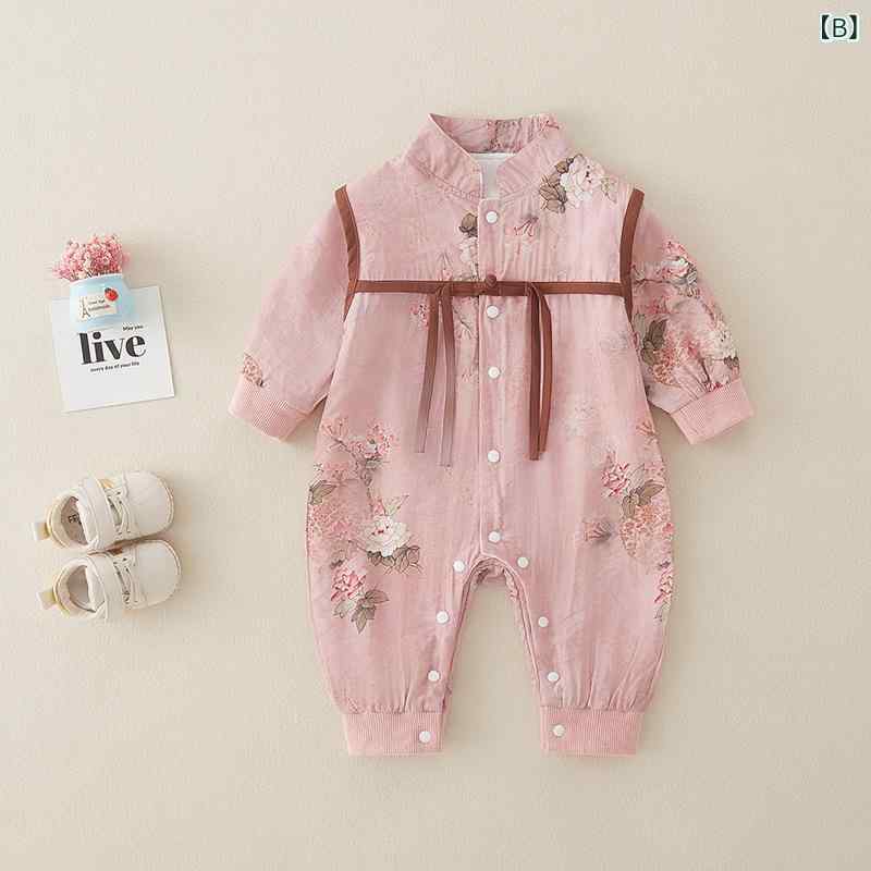 ロンパース ベビー 女の子 新生児 A類安全基準 綿 長袖 前開き ボタン留め レトロ チャイナ風 漢服 お出かけ着 部屋着 春秋 赤ちゃん ベージュ ピンク 60 70 80 90 サイズ