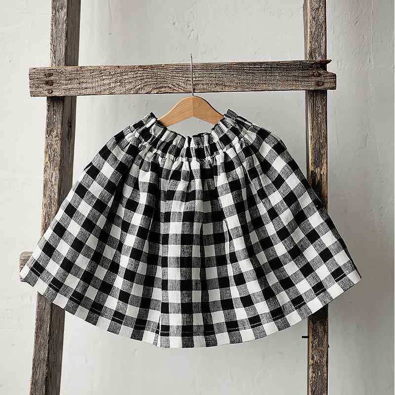 スカート キッズ 定番 黒白 チェック柄 ゴムウエスト 綿麻 ショート丈 Aライン コントラストカラー 接..