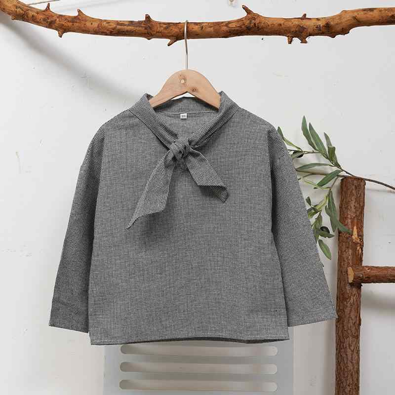キッズシャツ 女児 綿麻 リネン混 白黒チェック柄 長袖 スウィート かわいい リボンタイブラウス 3歳 4..