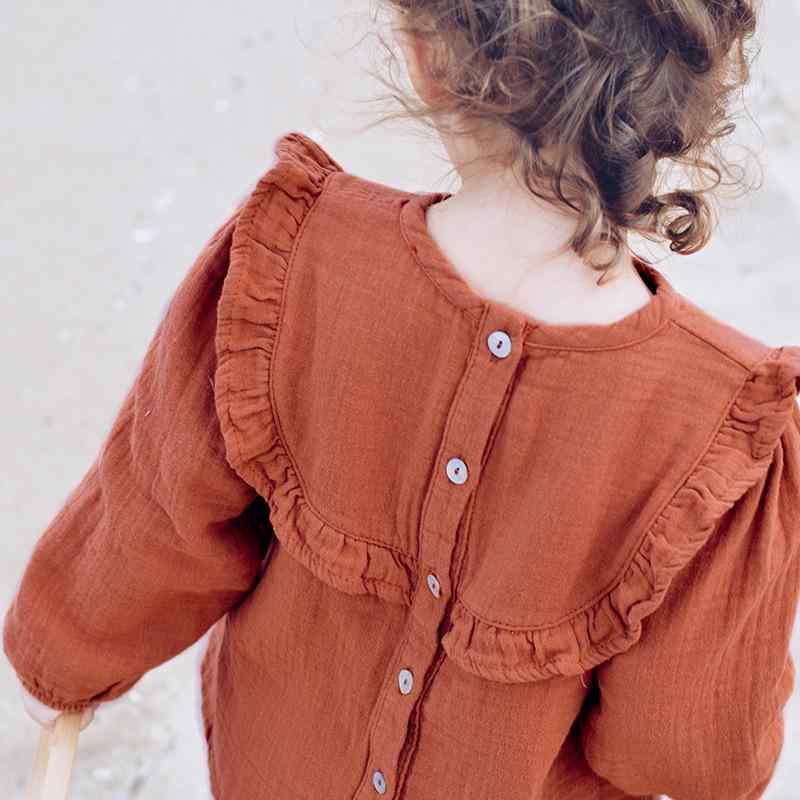キッズ 女の子 純綿 吸湿速乾 春夏 ラウンドネック 長袖 メローフリル バックボタン 鉄錆色 レトロ か..