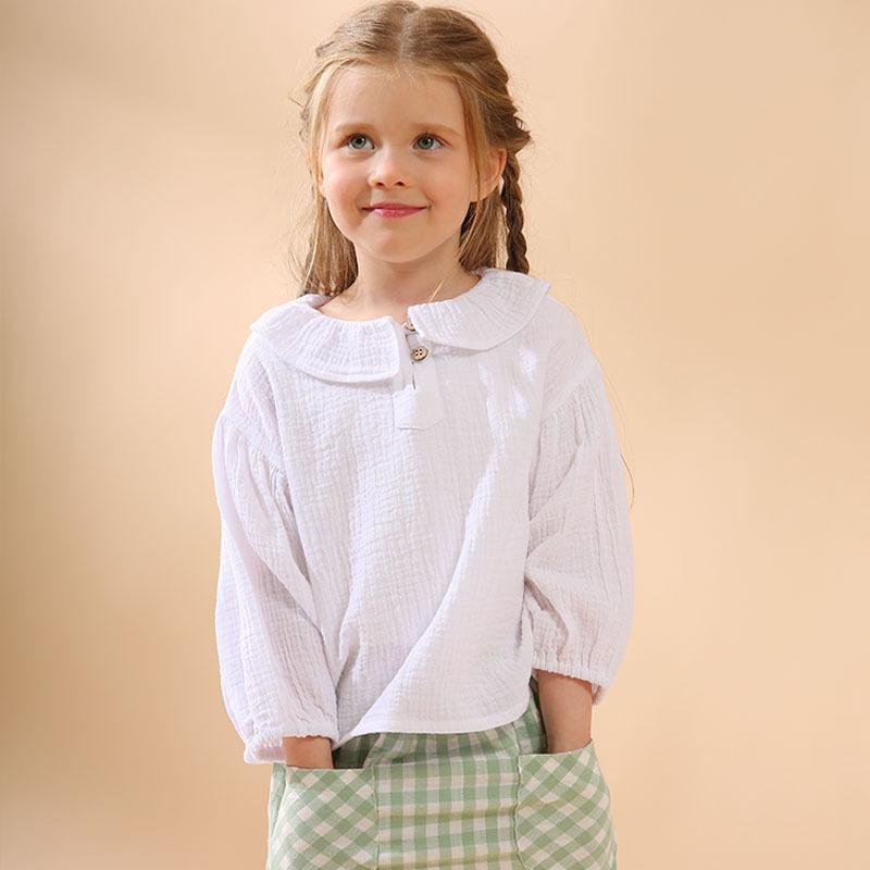 キッズ 女の子 ブラウス ダブルガーゼ 綿100% 肌触りの良い フリル襟 バルーンスリーブ 長袖 無地 酵素..