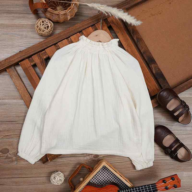 女の子 ブラウス クレープ生地 コットン100% 春秋 かわいい フリル襟 無地 パフスリーブ レトロ 長袖 スタンドカラー 柔らかな肌触り