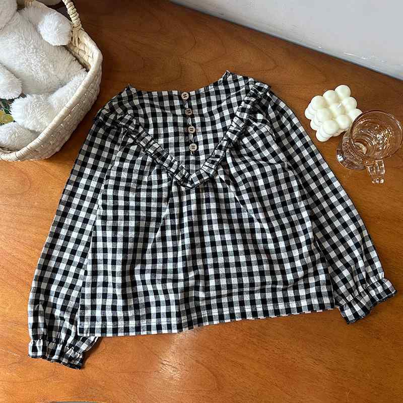Tシャツ キッズ 女の子 春秋 長袖 フリル襟 レトロ クラシック 白黒 細チェック柄 綿100% 酵素ウォッシ..