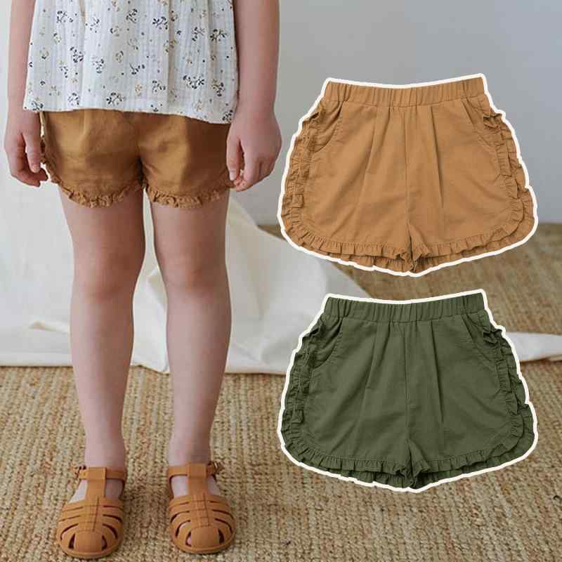 ショートパンツ キッズ 女の子 ウエストゴム フリル コットンリネン 無地 デザイン カジュアル デイリ..