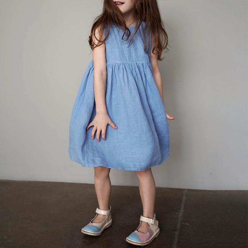 キッズ 女の子 かわいい ワンピース ノースリーブ ラウンドネック Aライン 綿麻 コットンリネン 無地 ..