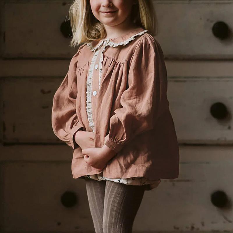 キッズ 女の子 シャツ 春秋 綿麻 コットンリネン 襟付き 長袖 無地 前開き フリル袖 ふんわり ドール風..