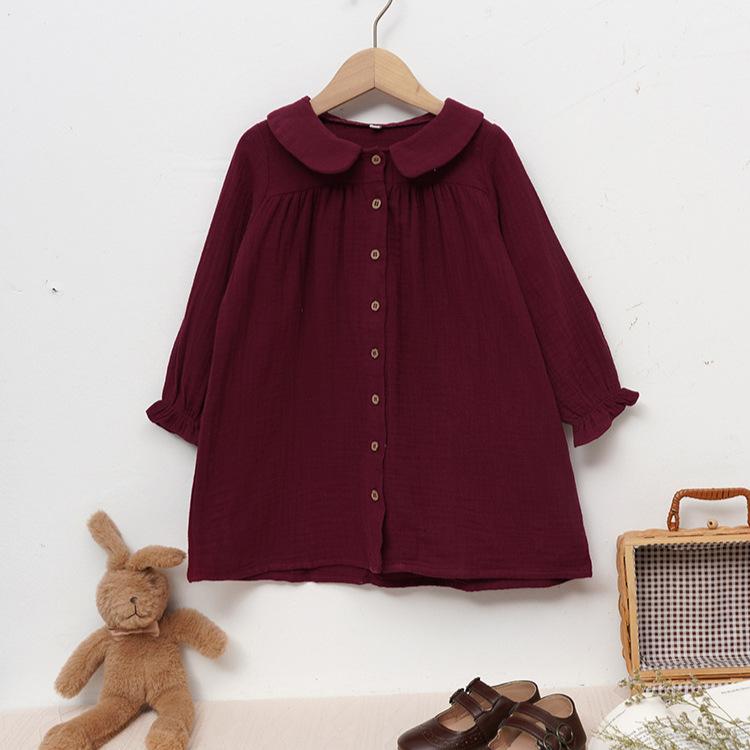 ワンピース 女の子 キッズ コットン100% 柔らか素材 森ガール風 かわいい バイカラー シングルボタン 長袖 Aラインスカート 春秋 ボルドー