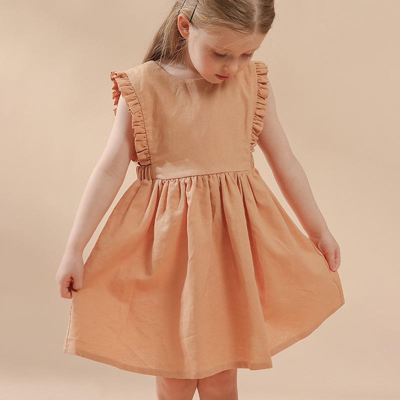 ワンピース キッズ 女の子 ノースリーブ フリル 綿麻 コットン 無地 かわいい 北欧風 ボタン プリンセ..