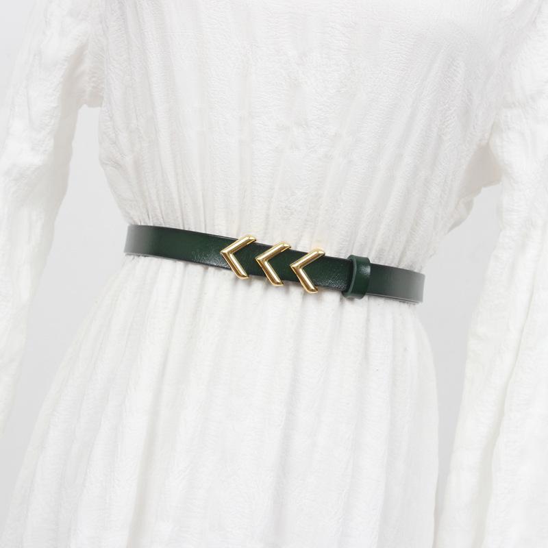 ベルト レディース 本革 牛革 細め 矢印バックル シンプル ウエストマーク カジュアル フォーマル スー..