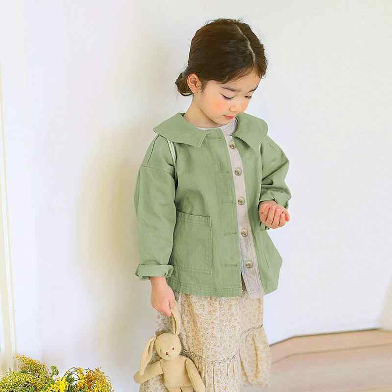 キッズ アウター 女の子 防風 ウォッシュ加工 コットン 綿 柔らかい 長袖 ショート丈 無地 襟付き ダブ..