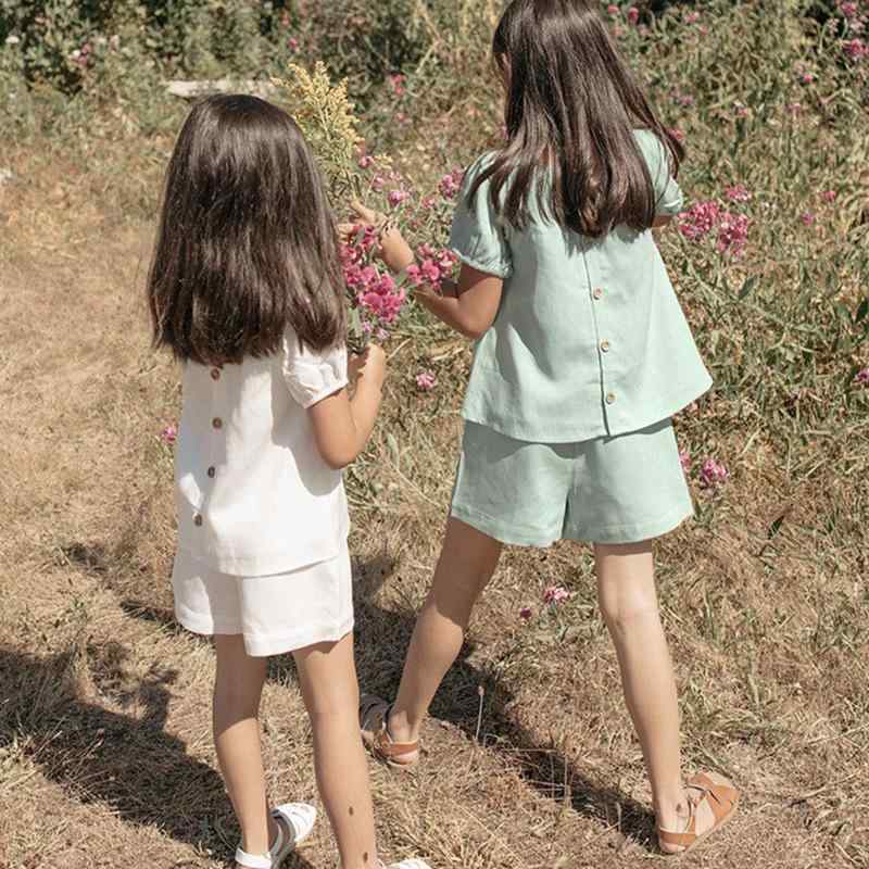 キッズ 女の子 セットアップ 半袖 ショートパンツ プレミアム品質 テンセルコットン 接触冷感 通気性 シンプル カジュアル ランタンスリーブ 2点セット 春夏