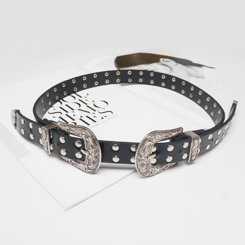 ベルト レディース フェイクレザー レトロ ダブル彫刻バックル スタッズ付き ブラック ジーンズ デニム..