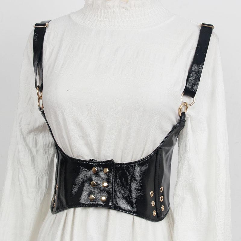 コルセット レディース 欧米風 サスペンダー付き ロリータ調 ベスト風 ウエストシェイプ 腹部引き締め アウター 太ベルト フェイクレザー 大きいサイズ ブラック