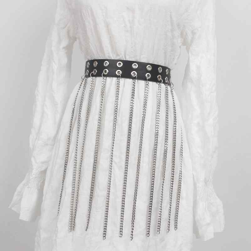 ベルト レディース ダブルホール チェーン飾り ピンバックル ブラック デニムパンツ用 着回し スタイルアップ カジュアル ファッション