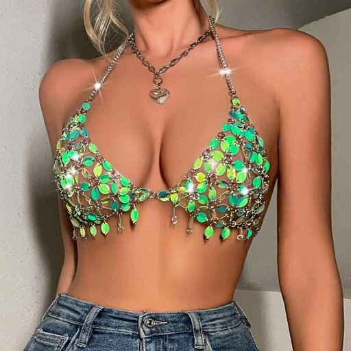 タンクトップ レディース セクシー ホルターネック ハンドメイド 光沢リーフモチーフ アクリル素材 グリーン 欧米風 ストリートカジュアル 春夏 タンクトップ レディース セクシー ホルターネック ハンドメイド 光沢リーフモチーフ アクリル素材 グリーン 欧米風 ストリートカジュアル 春夏