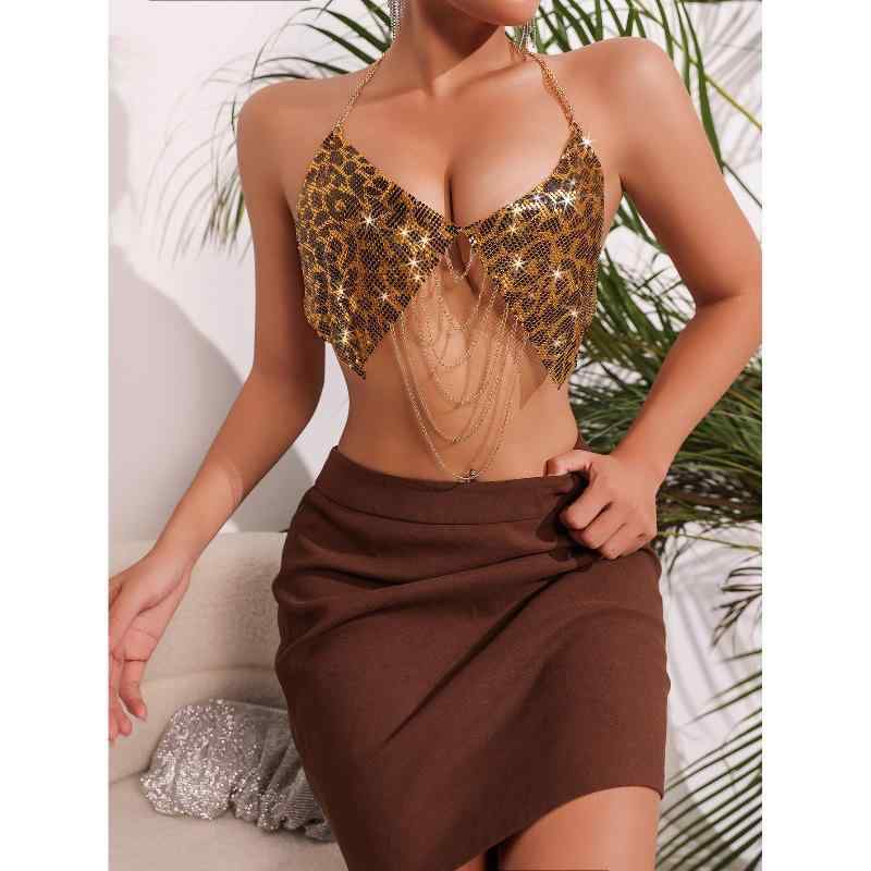 キャミソール レディース ホルターネック セクシー ナイトクラブ メタル スパンコール チェーン ラインストーン 切り替え ヒョウ柄 ゴールド 伸縮性あり