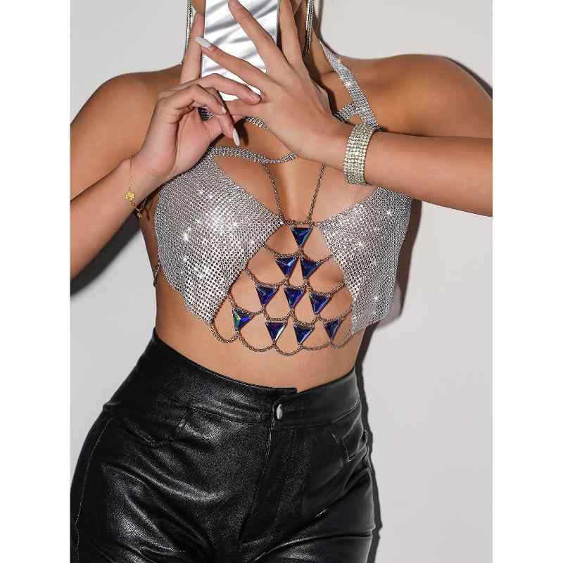 キャミソール レディース セクシー バックオープン メタリック ラインストーン ストレッチ ナイトドレ..