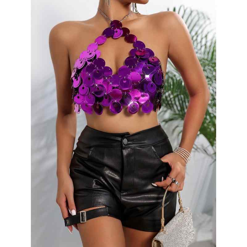 キャミソール レディース セクシー ホルターネック バックレス スパンコール メタルチェーン ナイトク..