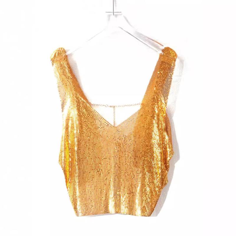 トップス レディース 深Vネック メタリック ゴールド 光沢 セクシー ナイトクラブ パーティー ミュージックフェス 欧米風 個性派 きれいめ フリーサイズ