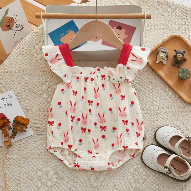 ロンパース 女の子 ベビー 夏用 薄手 半袖 コットン 立体うさぎ フリル袖 かわいい 新生児 赤ちゃん カ..