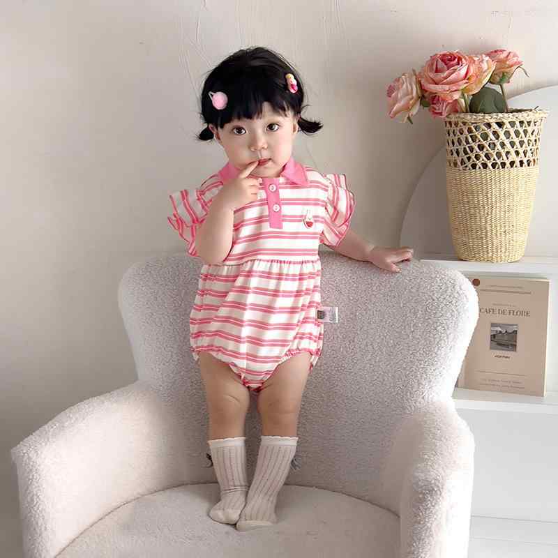 ロンパース ベビー 女の子 半袖 薄手 ボーダー 襟付き コットン 夏物 新生児服 乳幼児 カジュアル 韓国風 肌着 ボディスーツ プルオーバー 普段着 部屋着 ピンク