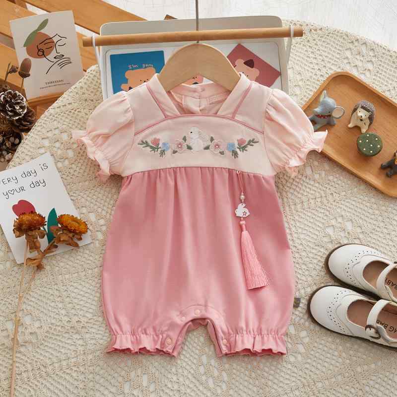 ロンパース ベビー 女の子 赤ちゃん 中国風 フリンジ ウサギデザイン 半袖 薄手 コットン 肌に優しい ..