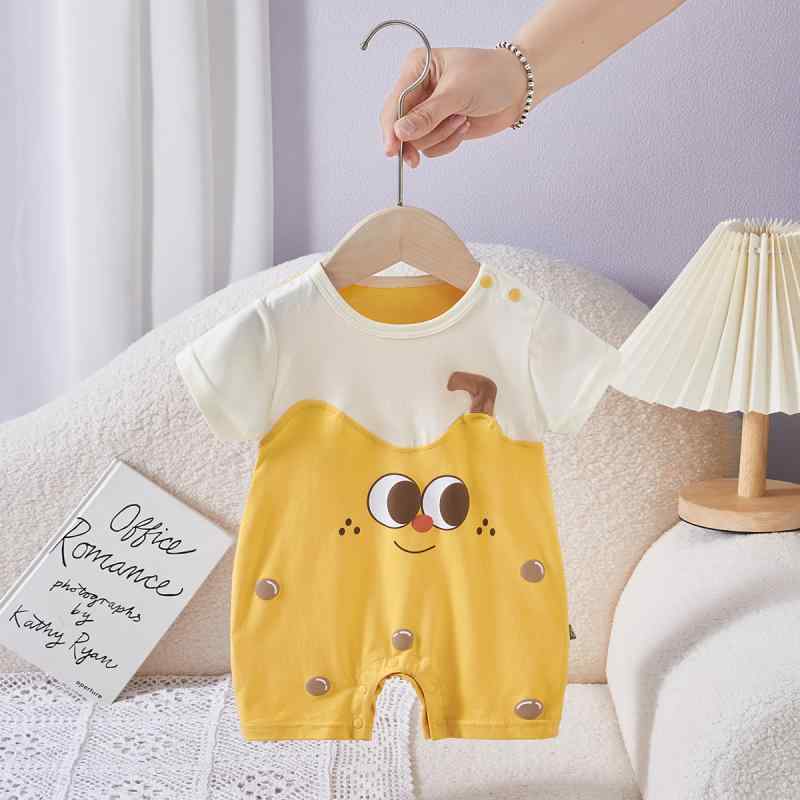 ・カテゴリ: ロンパース・スタイル: 韓国風・デザイン: ショートロンパース・主な素材: 綿92.2%・厚さ: 薄手・開閉タイプ: プルオーバー・袖丈: 半袖・対象性別: ユニセックス・対象年齢: 新生児（0〜1歳）・カラー: イエロー・サイズ展開: 66cm、73cm、80cm、90cm
