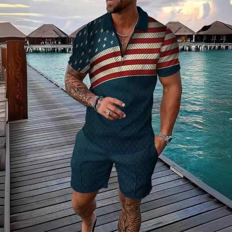 ポロシャツ ショートパンツ セットアップ メンズ 夏用 星条旗柄 ルームウェア ビーチ リゾート 大人向け ポリエステル素材 半袖 通気性 ゆったり 上下セット