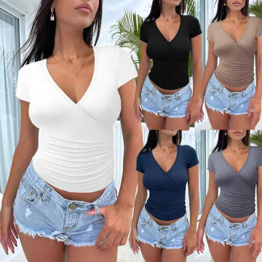Tシャツ レディース 春夏 半袖 Vネック シャーリング クロップド丈 へそ出し セクシー スリム タイトフィット 無地 カジュアル トップス ポリエステル ストレッチ(x2) Tシャツ レディース 春夏 半袖 Vネック シャーリング クロップド丈 へそ出し セクシー スリム タイトフィット 無地 カジュアル トップス ポリエステル ストレッチ(x2)