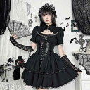 ワンピース レディース ダークゴシック風 セクシー ギャル レースアップ キャミソール チェーン付きトップス 2点セット Vネック ノースリーブ ミニ丈 ポリエステル 切り替え 春夏