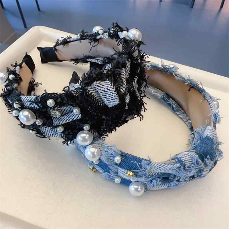 カチューシャ レディース ふんわりボリュームアップ効果 デニム生地 パール飾り 結び目デザイン 韓国風 シンプル お洒落 カジュアル 普段使い お出かけ ハンドメイド 春夏 大人かわいい ブルー ダークグレー