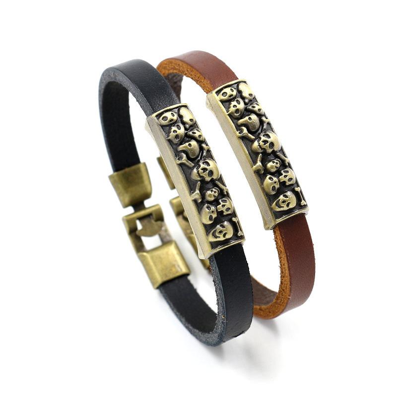 ブレスレット メンズ 牛革 レザー スカル ゴシック パンク 個性的 ファッション 手作り ハンドメイド 欧米 日韓スタイル ブラック ブラウン(x2)