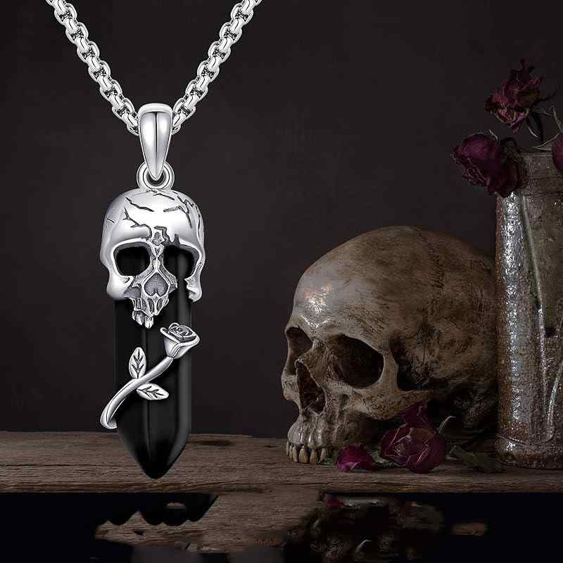 ネックレス 男女兼用 ゴシック 個性的 レトロ アンティーク ハロウィン ローズ スカル アシンメトリー ペンダント 亜鉛合金製 電気メッキ加工 Oチェーン(x2)