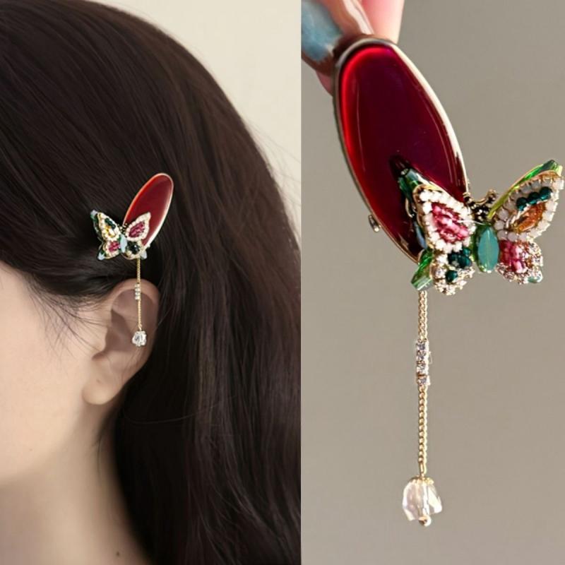 ヘアクリップ レディース 蝶々モチーフ 高級感 キラキラ ジルコニア ラインストーン タッセル レトロ 新中華風 ガーリー 前髪 サイドヘアピン 合金製 手作り 春夏