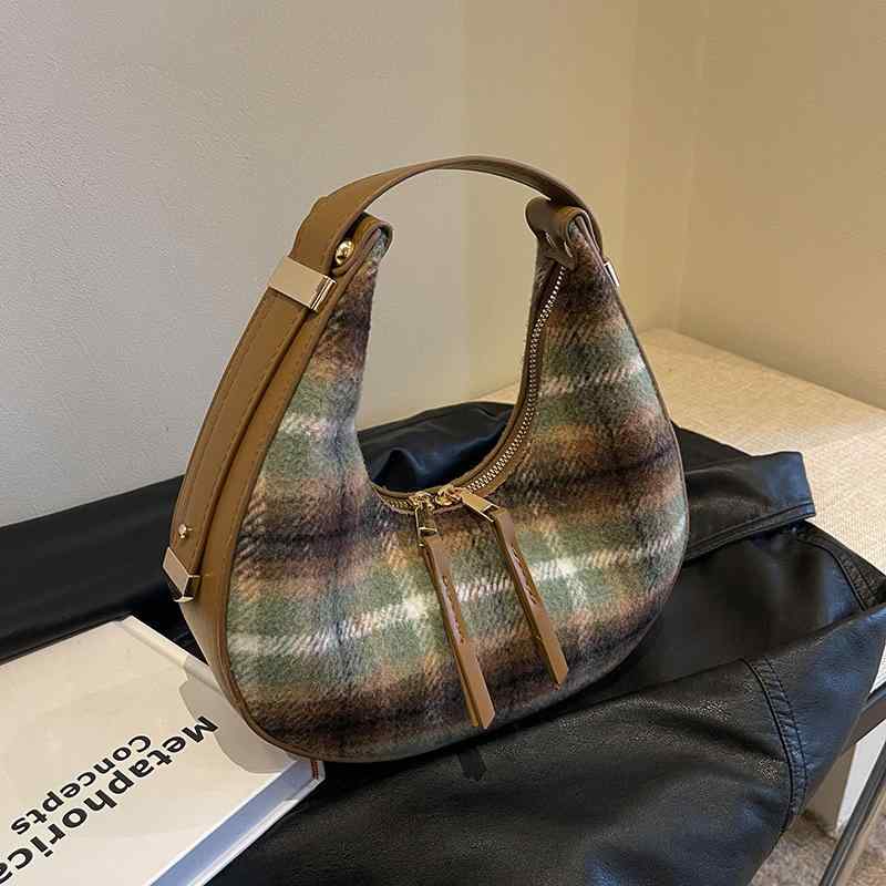 ショルダーバッグ レディース ミニ 高級感 ツイード チェック柄 ムーン型 餃子型 ファスナー開閉 スマ..