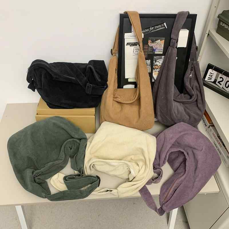 トートバッグ コーデュロイ 大容量 シンプル カジュアル 韓国風 学生 通学用 男女兼用 肩掛け 斜め掛け 軽量 内ポケット付き(x2)