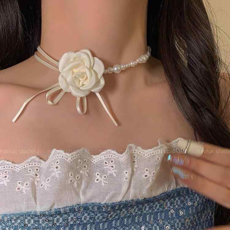 ネックレス レディース カメリア パール 二連 フレンチレトロ チョーカー 鎖骨チェーン ハンドメイド スイートクール 上品 エレガント 春夏(x2)