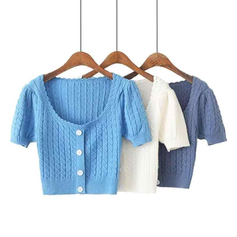 ニットカーディガン レディース ショート丈 スクエアネック パフスリーブ 半袖 スイート ガーリー カジュアル おしゃれ 着回し 万能 トップス