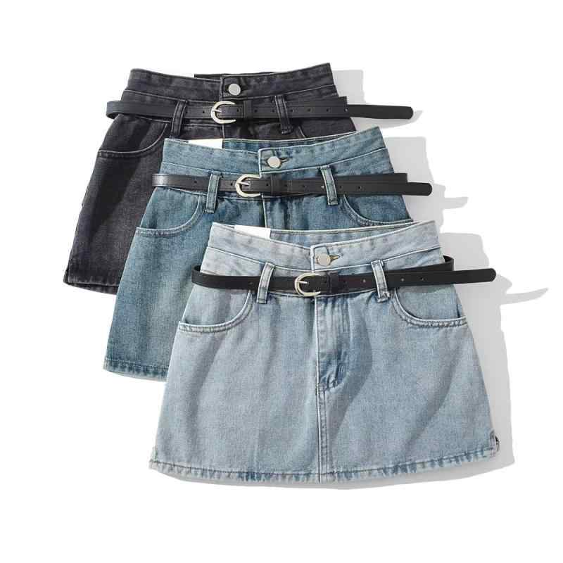 スカート レディース ハイウエスト 細見え ストレッチ デニム ショート丈 Aライン スカートパンツ 小柄 ギャル向け ヒップハグ 無地 ベルト付き 夏物 カジュアル