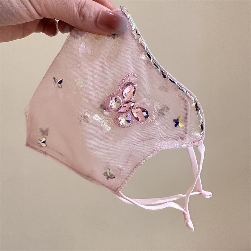 マスク レディース 防風 UVカット 調節可能 レース ラインストーン ファッション インフルエンサー エレガント 春夏用