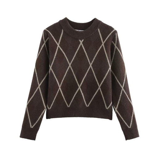 セーター レディース 菱形柄 クルーネック プルオーバー 長袖 欧米風 おしゃれ カジュアル ニット トップス 着回し抜群 ミドルゲージ