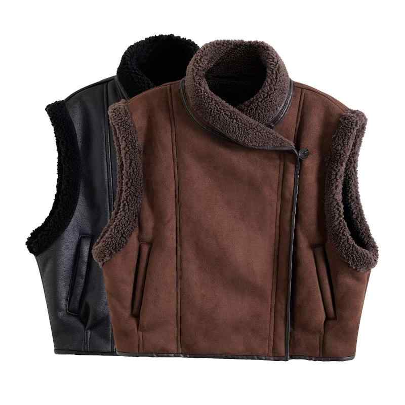 ベスト レディース フェイクレザー ボア 襟付き ゆったり ノースリーブ ジップアップ 冬 ミドル丈 黒 ブラウン ポリエステル 切り替え 欧米風 ストリート カジュアル アウター