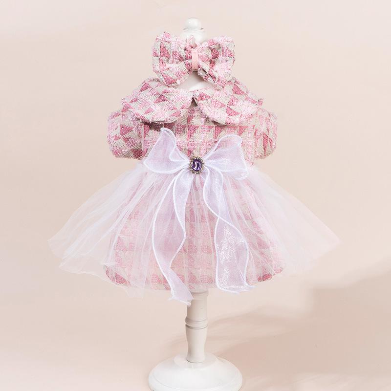 ペット服 犬服 猫服 上品 エレガント フォーマル 韓国風 チュール素材 ラインストーン装飾 ドレス ワンピース ポリエステル綿製 お出かけ セレモニーウェア