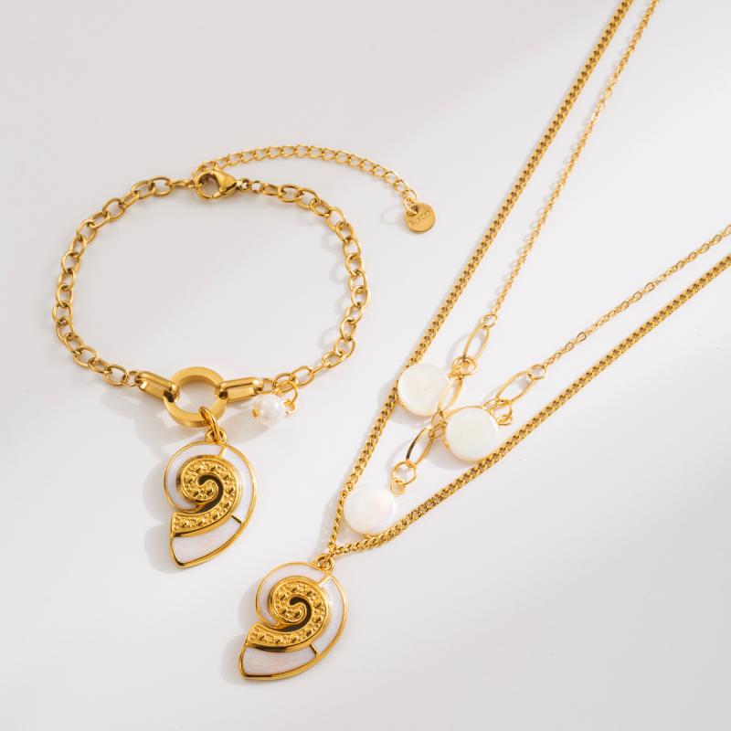 ネックレス ブレスレット レディース 女性用 ステンレス製 変色防止 電気メッキ加工 シェル 巻き貝 シンプルチェーン 多連 ペンダント 普段使い カジュアル ファッション 通勤 春夏