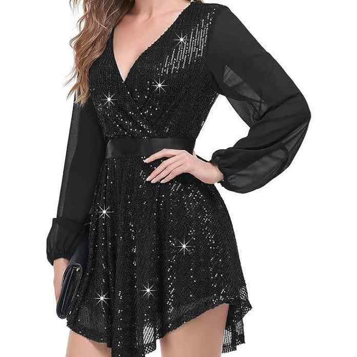 ワンピース レディース スパンコール 長袖 Vネック ミニ丈 ゆったり 体型カバー パーティードレス フォーマルドレス 結婚式 二次会 エレガント 上品 ポリエ...